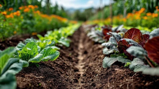 Medium frame capturing intercropping rows with vibrant vegetables focus on colorful plants with a blurred background of thriving pollinators supporting biodiversity.