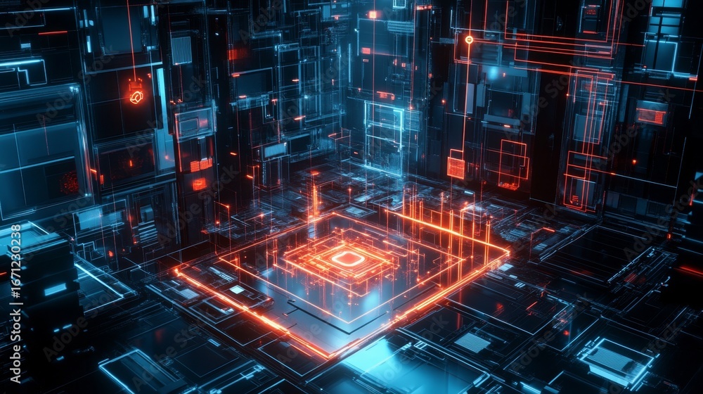 Aufkleber unlocking the future holographic digital lock above a complex matrix of connections in a high-tech e