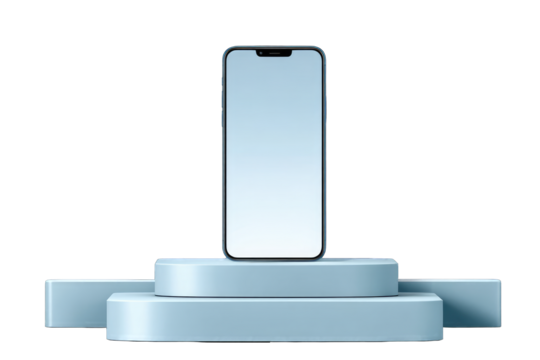 Light-blue, minimalist podium displays a smartphone