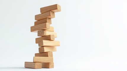 Jenga tower teetering near ground level indoor setting photography minimalist background close-up perspective balance challenge
