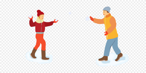 Happy family throwing snowballs - cartoon people characters illustration on white background. Concept of winter activity, New Year, Christmas. Smiling mother and father with children play outdoors
