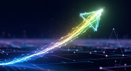 Dynamic glowing arrow rising upwards, symbolizing growth, progress, and success in business, finance, and technology, with vibrant colors