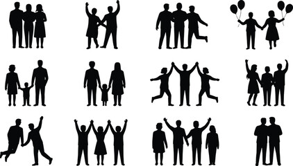 Diverse silhouettes of happy families and groups celebrating together joyful people posing together