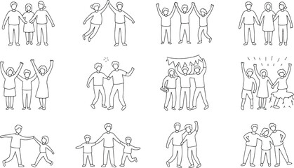 Line art illustrations of diverse people celebrating together with raised arms and high fives