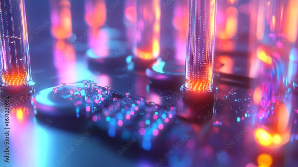 Poster exploring semiconductor nano devices a microscopic closeup on the cutting edge of technology in a sc