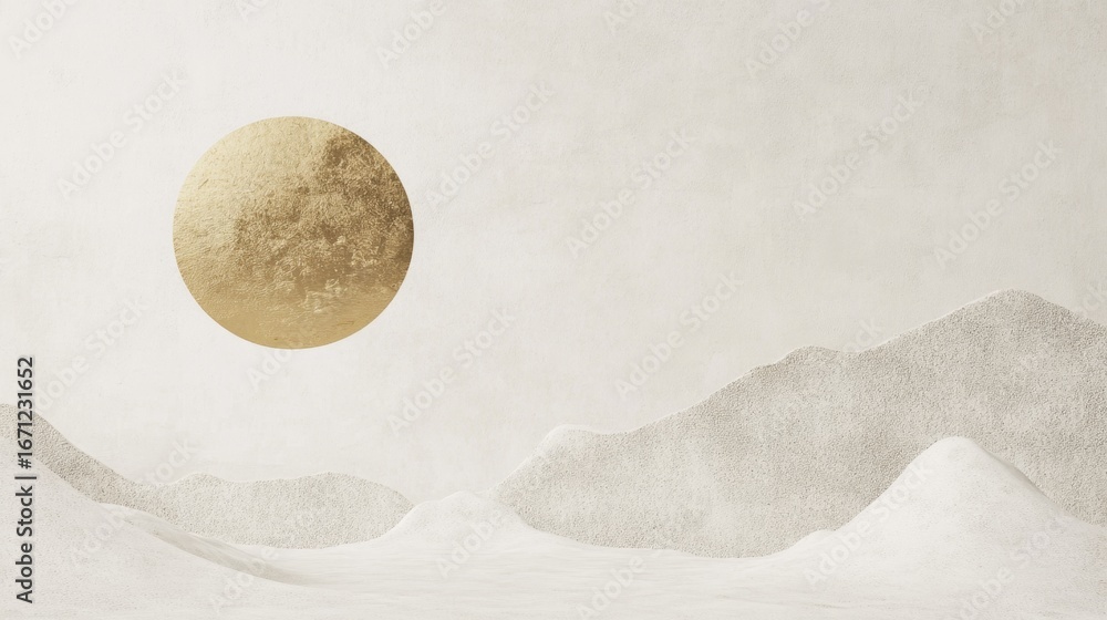 Poster creating a minimalist artwork with a gold circle on white canvas in a modern gallery setting