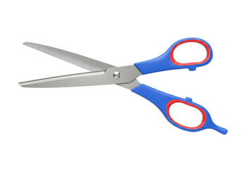 Isolated pair of scissors, cutting tool with blue and red handles, open on a plain background
