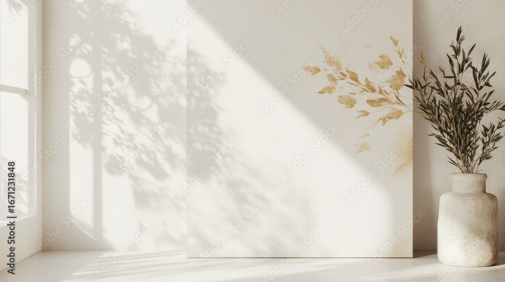Poster creating a serene minimalist design with delicate gold leaf patterns in a bright modern living space