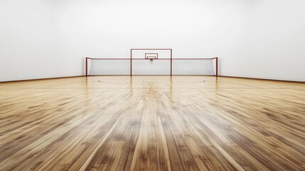 Futsal match action indoor arena minimalist court background polished wood floor wide angle view modern design
