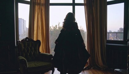 Elegant Solitude A Woman in a Dark Coat Before a Cityscape Window.