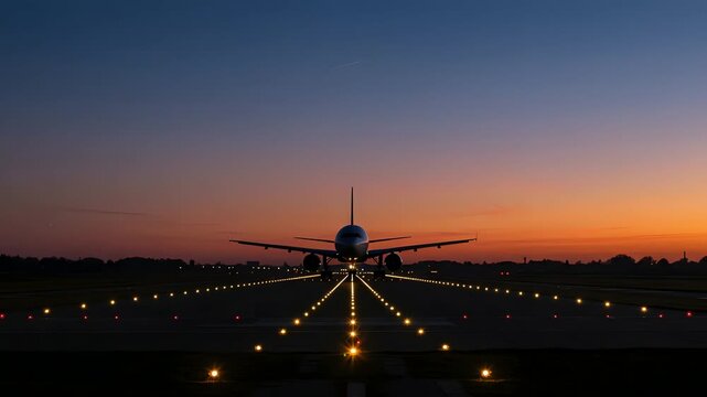 Front view 4k video of a passenger airplane taxiing on the runway at sunset, shot in low light with a cinematic, dark orange and blue color palette against a twilight