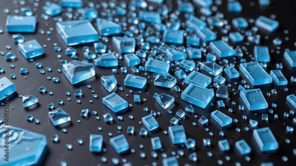 Poster shattered blue glass fragments and shards scattered on black surface, reflective abstract geometric 