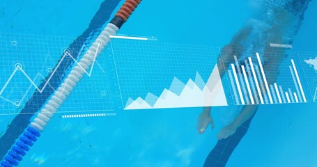 Male swimmer swimming underwater with line chart fading in for analytics evolving into world map - Powered by Adobe