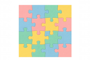 Pastel-colored jigsaw puzzle pieces connecting, forming unified square pattern, symbolizing collaborative problem-solving strategies against transparent backdrop