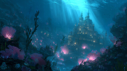 Underwater city with vibrant coral reefs
