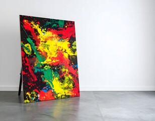 A man in white clothing looking at a large abstract canvas with bold red, green, yellow, black, and white paint splashes in a bright gallery.
