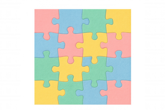 Pastel-colored jigsaw puzzle pieces connecting, forming unified square pattern, symbolizing collaborative problem-solving strategies against transparent backdrop