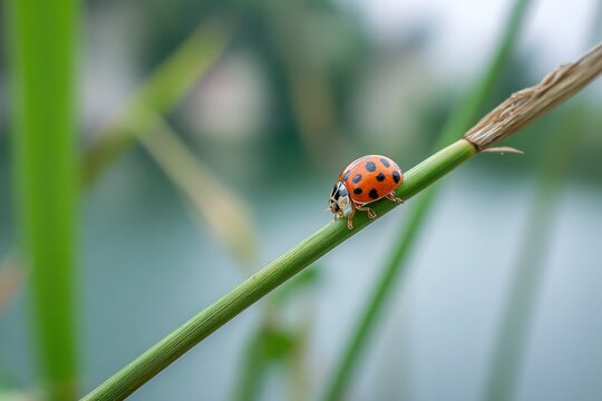 A ladybug with black spots crawls across a green reed - Powered by Adobe