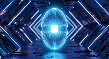 Naklejka premium Futuristic Cyberpunk Technology Abstract With Glowing Orb And Neon Lights In A Dark Sci Fi Tunnel