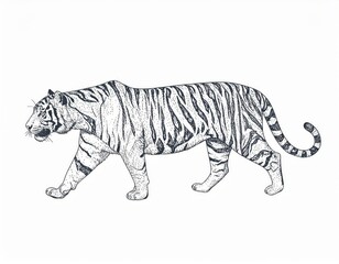Elegant Tiger Stride Detailed HandDrawn Illustration in Black Ink.