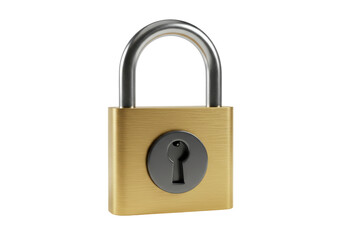 Isolated secure padlock made of metal on a plain surface with a shiny lock and keyhole panel