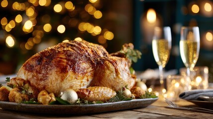 Festive Holiday Dinner Setting With Roasted Turkey, Sparkling Drinks, and Elegant Table Decor