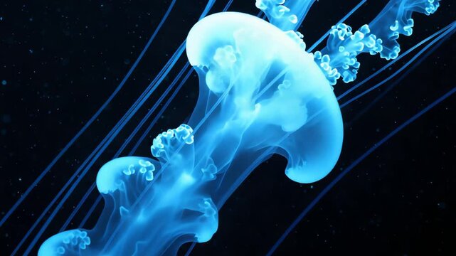 Close-up 4k video of a bioluminescent jellyfish gracefully drifting in dark water, showcasing its translucent bell and flowing tentacles in a cool blue hue against a