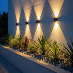 Modern outdoor wall lights illuminate a garden bed at dusk