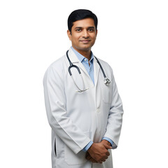 An Indian man in a white doctors coat and a stethoscope smiles on white or transparent background