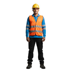 A man stands wearing work attire a hard hat vest long sleeve shirt trousers and boots on white or transparent background