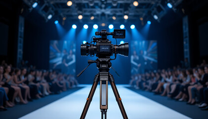 Vintage Camera on Tripod in Dark Blue Studio Setting