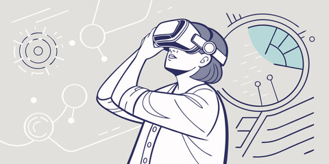 Obraz premium Person wearing a virtual reality headset looking up with futuristic interface elements around her