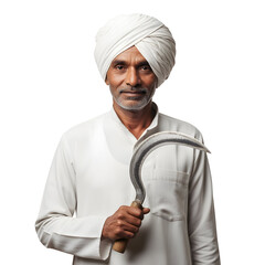 An elderly farmer in a white turban holds a sickle on white or transparent background