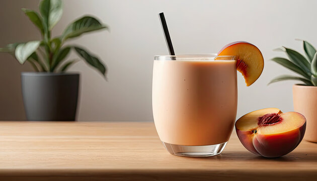 Peach smoothie in clear glass with straw and fresh peach garnish on wooden table, healthy summer beverage concept with tropical fruit drink, refreshing lifestyle hydration rich in vitamins and nutrien