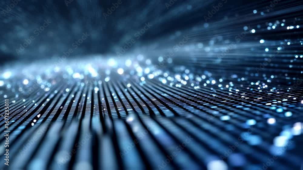 Poster crisp medium shot of layered pixel matrix patterns glowing in blue blurred backdrop adds sense of co