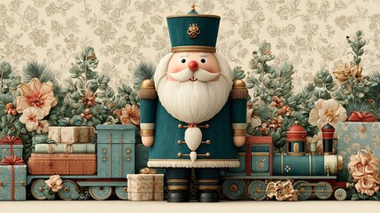Christmas decorative banner with Santa Claus nutcracker locomotive gift boxes candy canes and ornaments festive composition bright background illustration