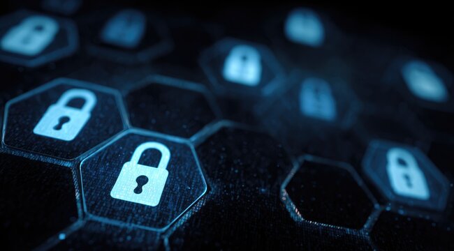 Abstract digital honeycomb pattern featuring many light-blue padlock icons
