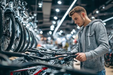 Man in gray hoodie examines bicycle handlebars in a shop with rows of bikes and bright lighting