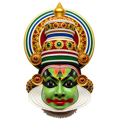 Closeup of Kathakali mask featuring vibrant colors intricate details  elaborate headdress on white or transparent background