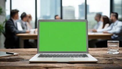 Laptop in Business Meeting: A modern laptop with a vibrant green screen sits prominently on a rustic wooden table, with a blurred group of professionals in a corporate meeting in the background. - Powered by Adobe