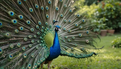 Obraz premium Peacock displaying vibrant feathers in garden