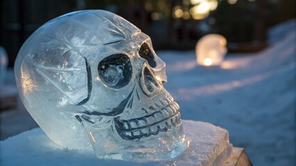 Close Up of Halloween Skull Ice Carving Sculpture for Spooky Seasonal Decoration