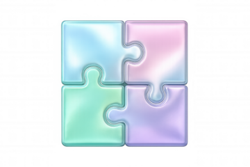 Iridescent pastel puzzle pieces interlocking seamlessly, symbolizing collaborative problem-solving and unified team strategy against transparent backdrop