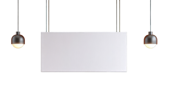 Blank rectangular sign, suspended by wires, flanked by hanging globes