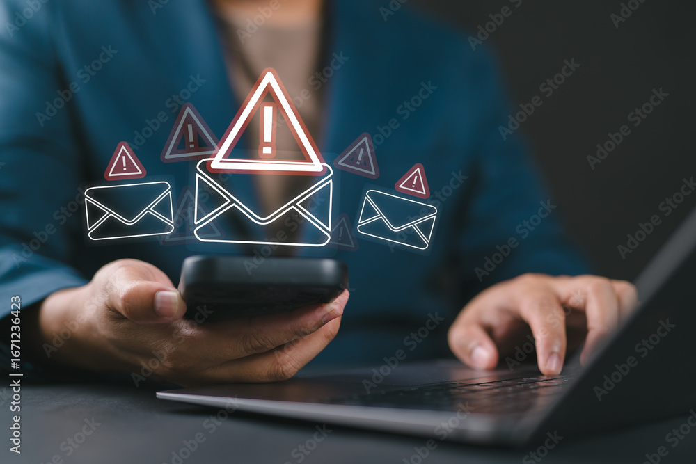 Poster a person using laptop with electronic email hacking and spam warning symbol. cyber attack network, v