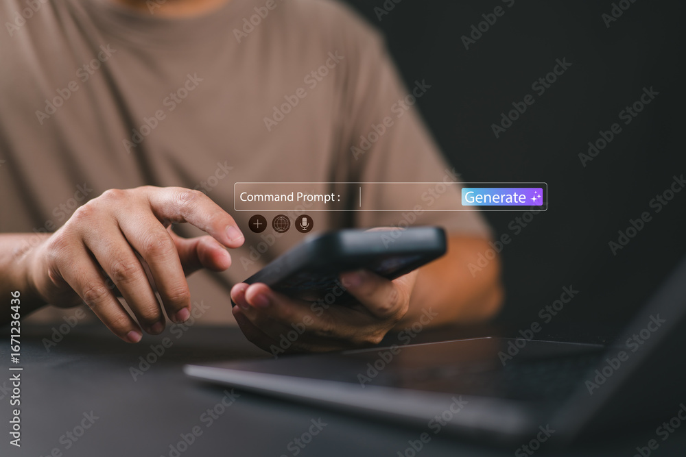 Aufkleber prompt ai generation concept. person using smartphone to enter ai prompt and generate digital conten