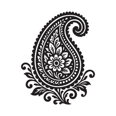 Clean sari paisley vector pattern, solid black motifs, white background.