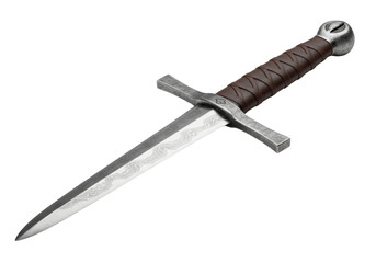 Isolated Medieval Sword Close-up with a Silver Blade and Brown Leather Handle in Studio
