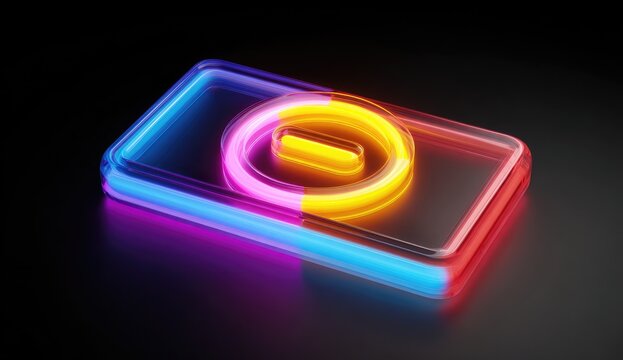 Neon-lit, translucent rectangular object with a glowing, subtracted circle graphic