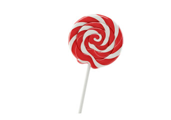 Isolated spiral lollipop candy on a stick, red and white striped hard sugar confection